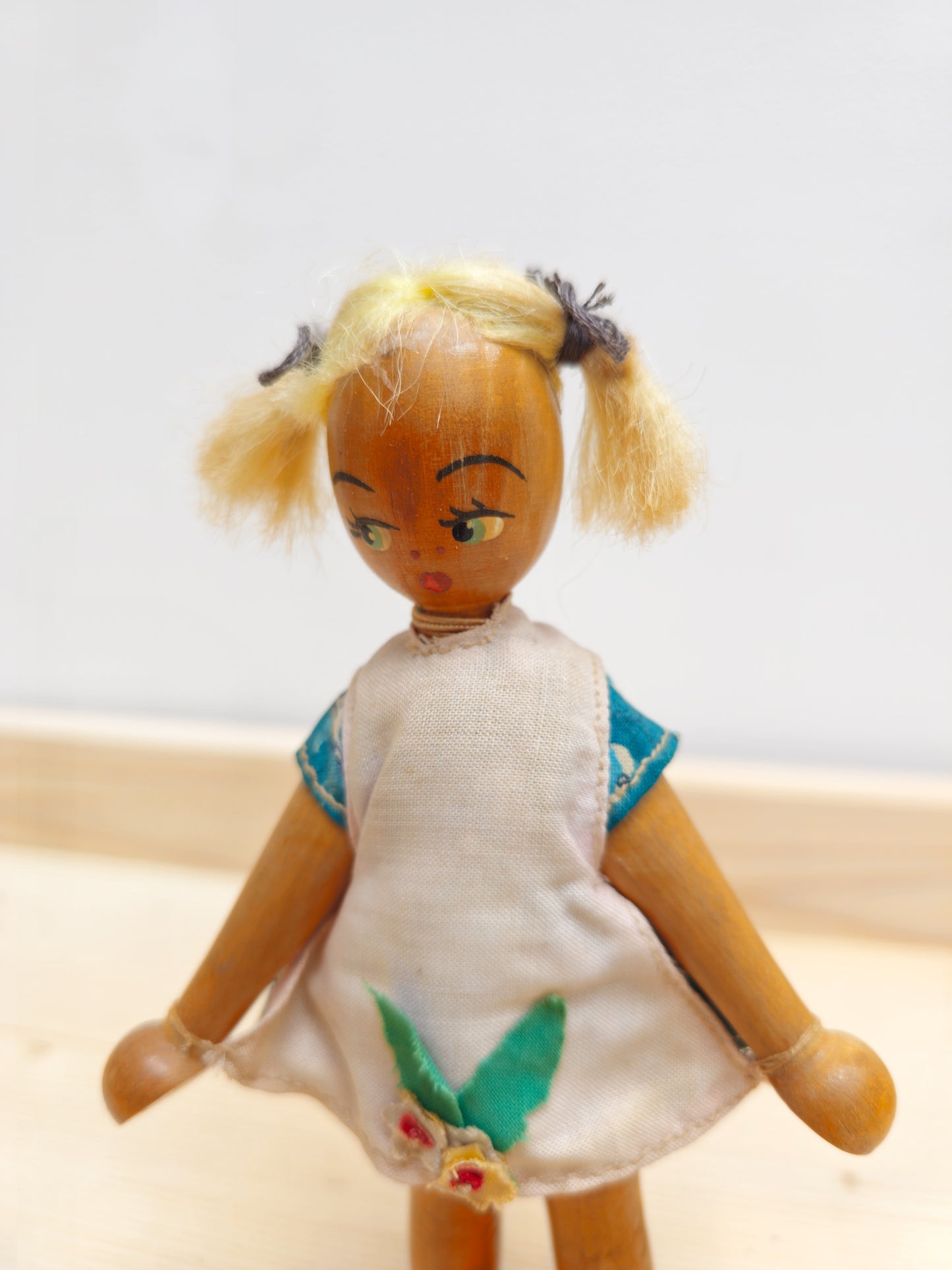 Vintage Wooden Peg Doll | Pigtail Girl