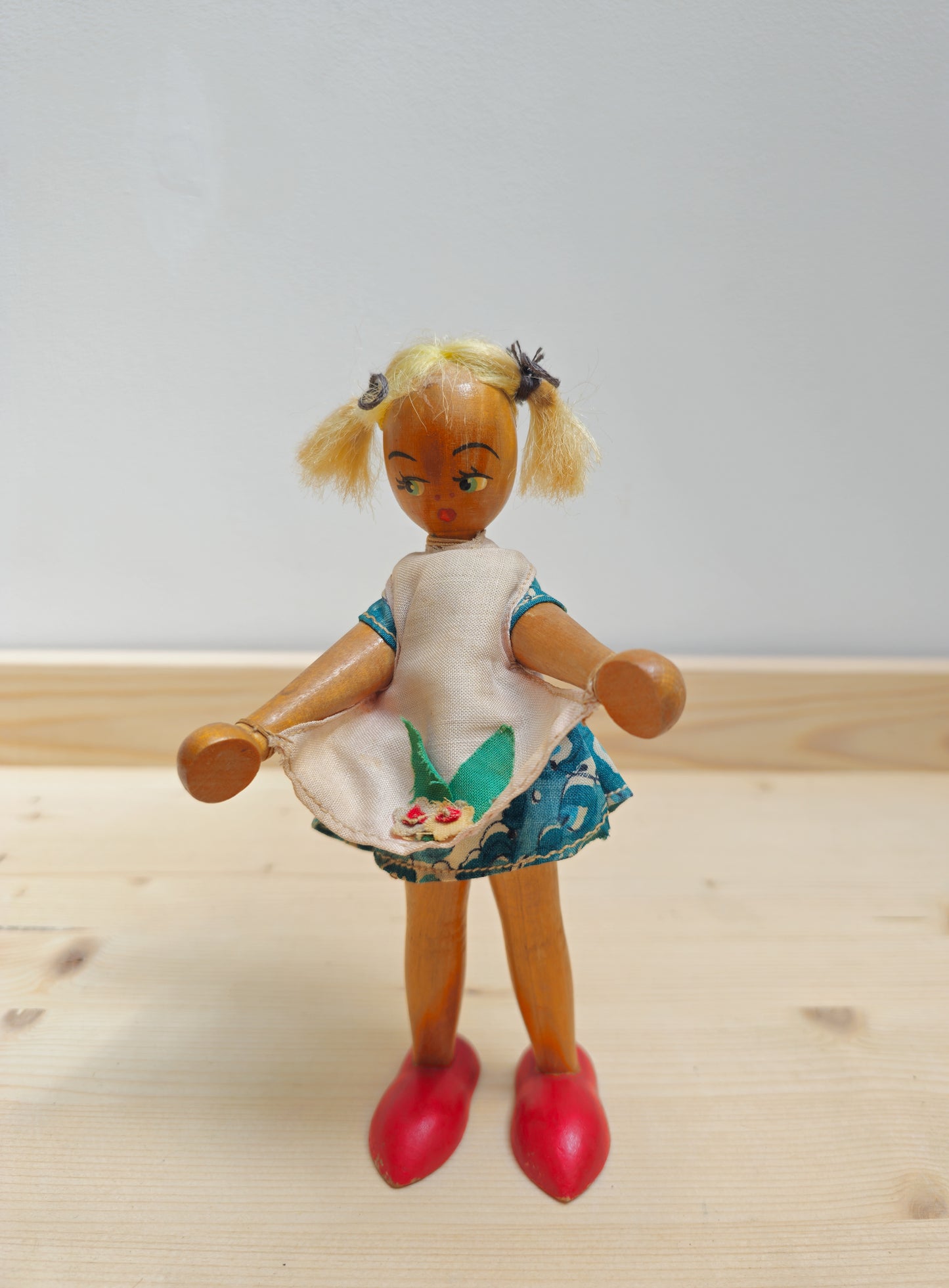 Vintage Wooden Peg Doll | Pigtail Girl