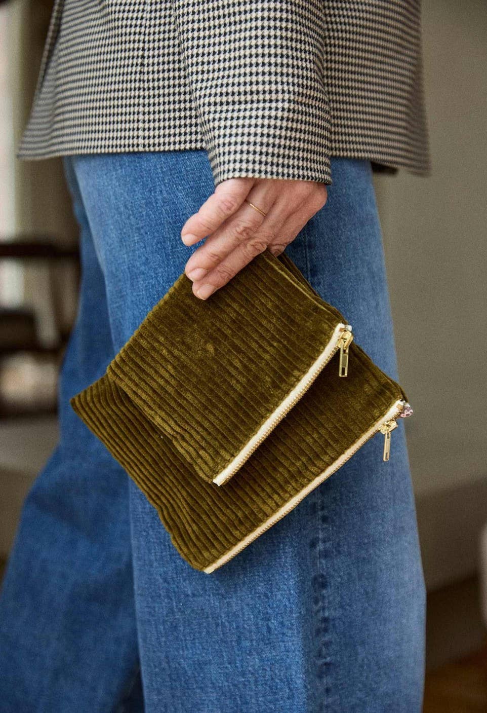 Olive Velvet Corduroy Pouch