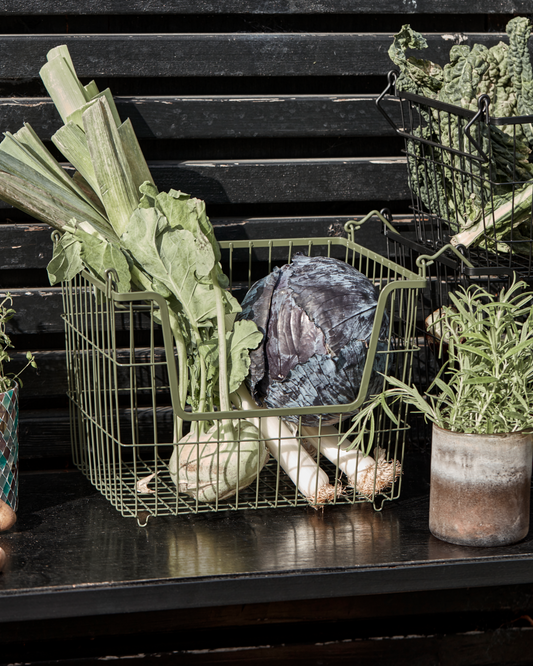 House Doctor TAW basket in army green filled with fresh vegetables, displayed outdoors with rustic styling.