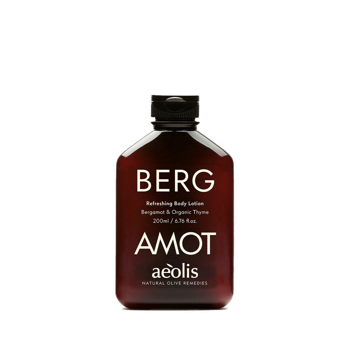 Aeolis bergamot body lotion in an amber 200ml bottle