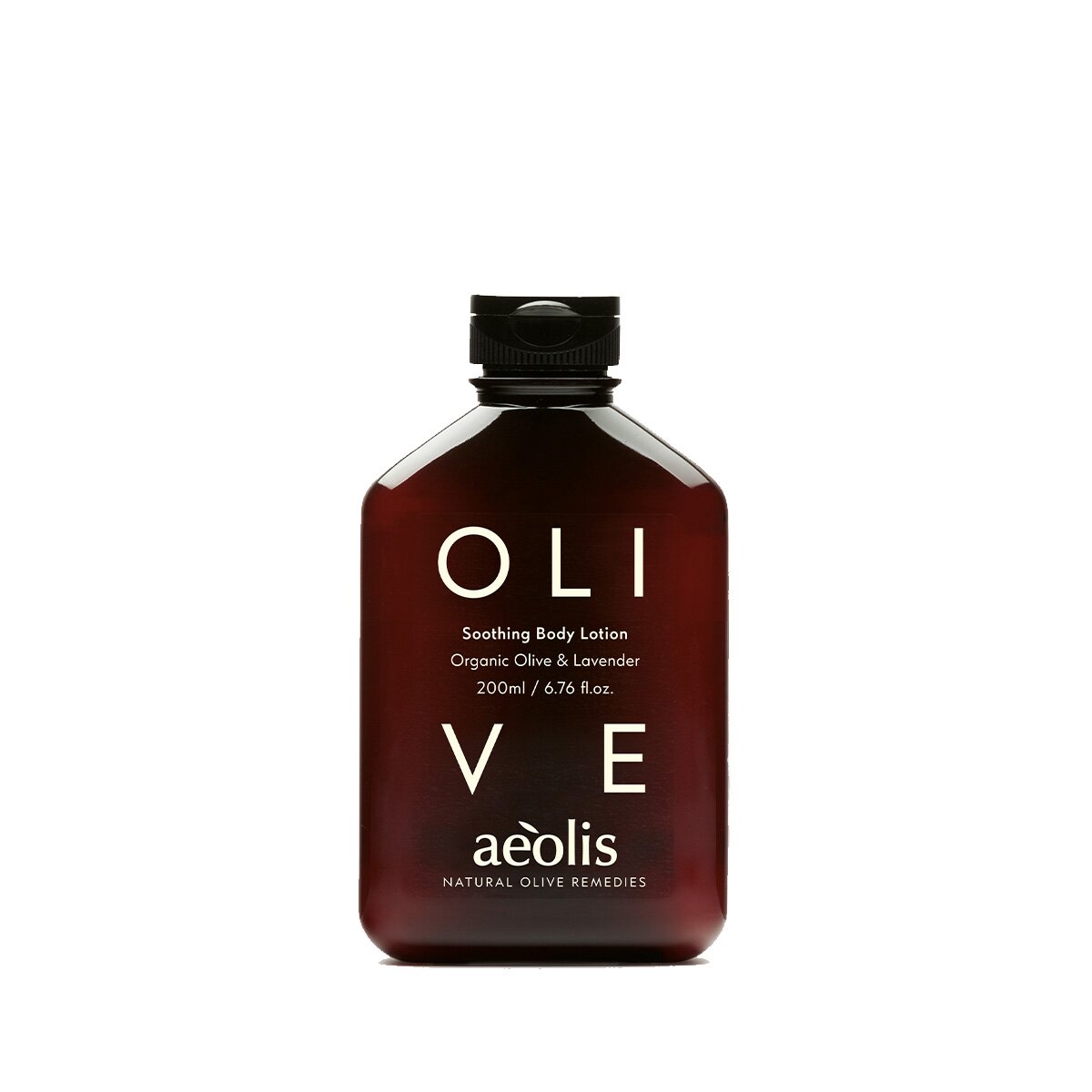 Aeolis olive and lavender body lotion in an amber 200ml bottle