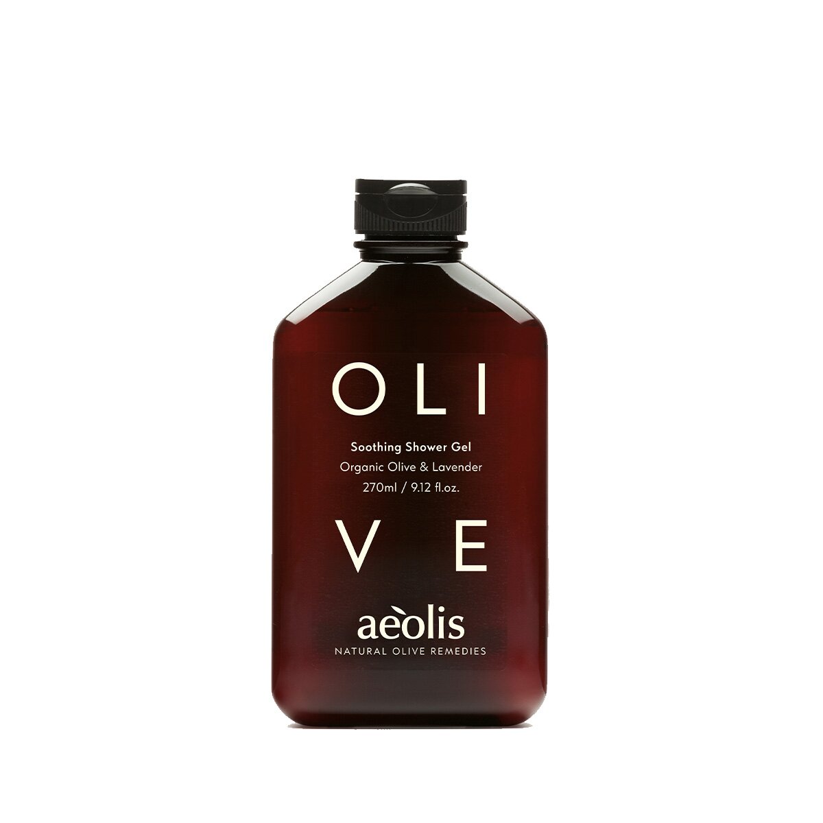 Aeolis olive and lavender shower gel in an amber 270ml bottle