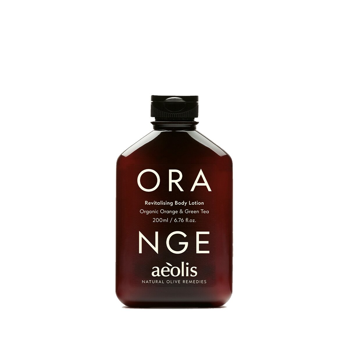 Aeolis orange and green tea body lotion in an amber 200ml bottle