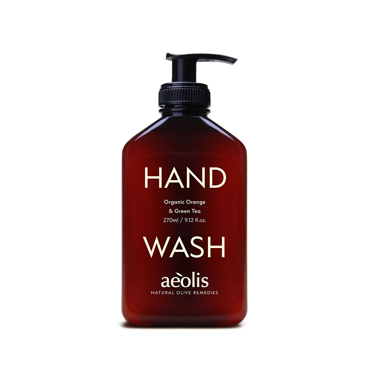 Aeolis orange and green tea hand wash in an amber 270ml pump bottle