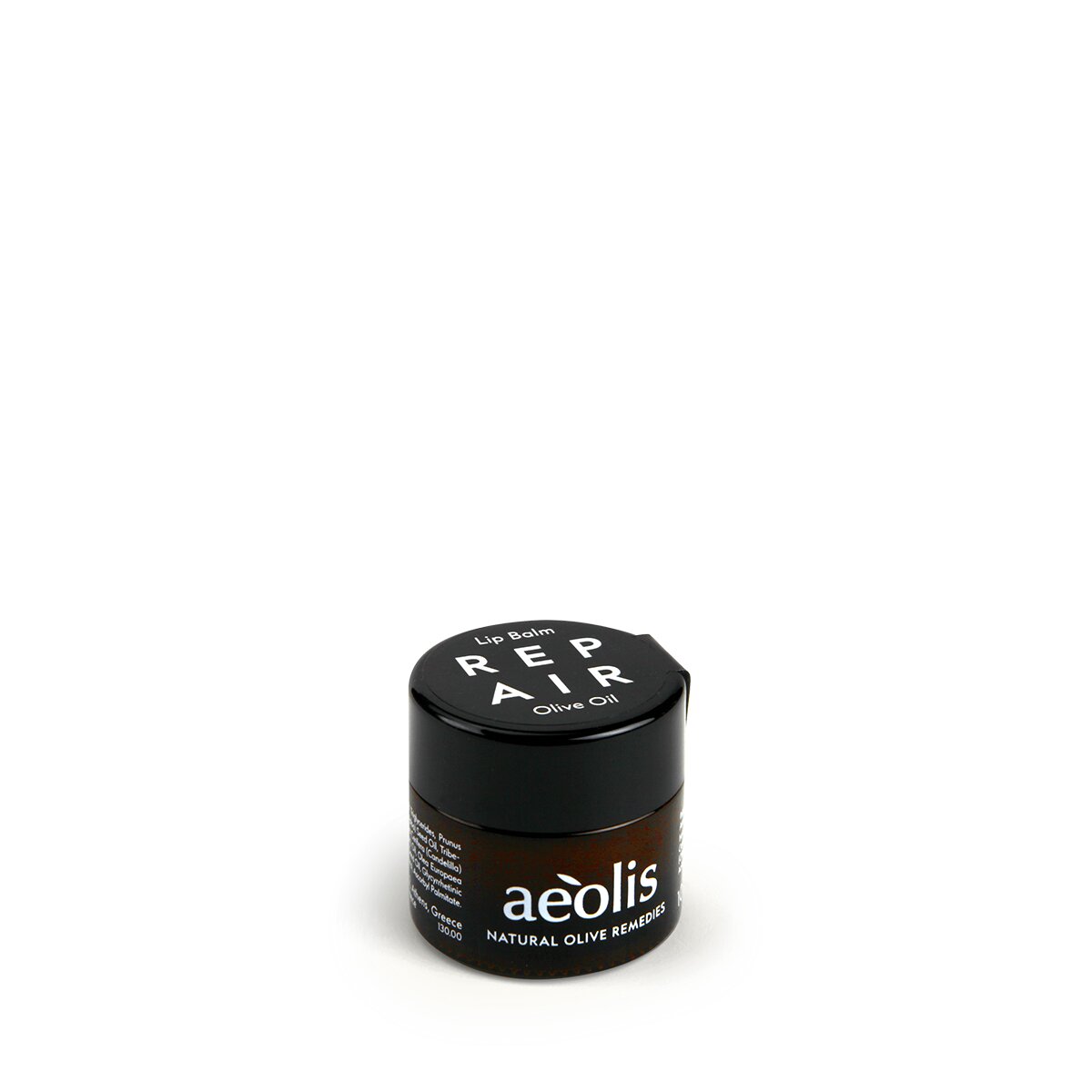 Aeolis repair lip balm in a dark glass jar