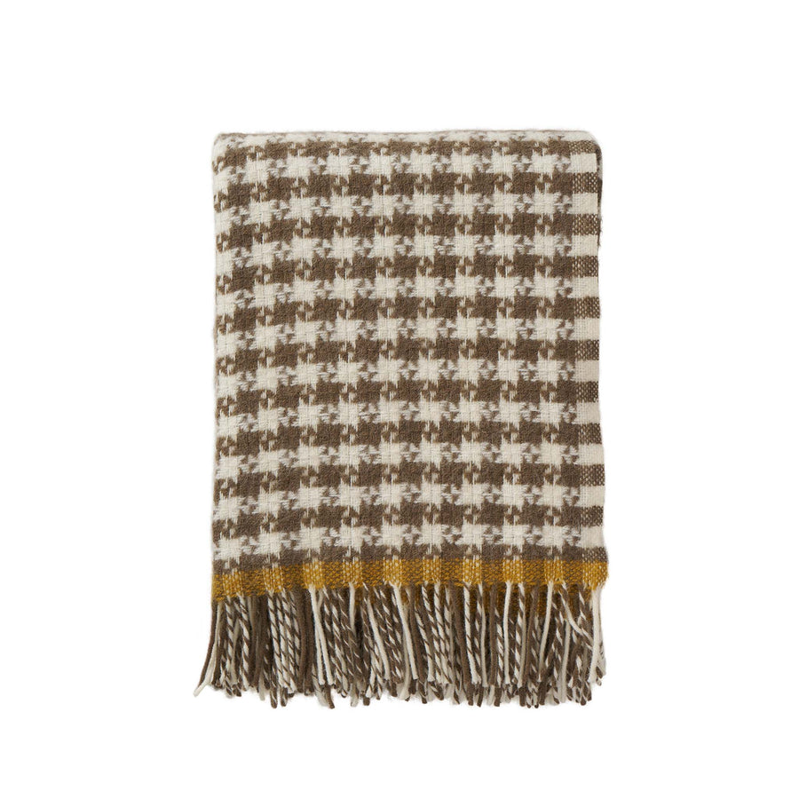 Plaid blanket with brown and yellow pattern on a white background