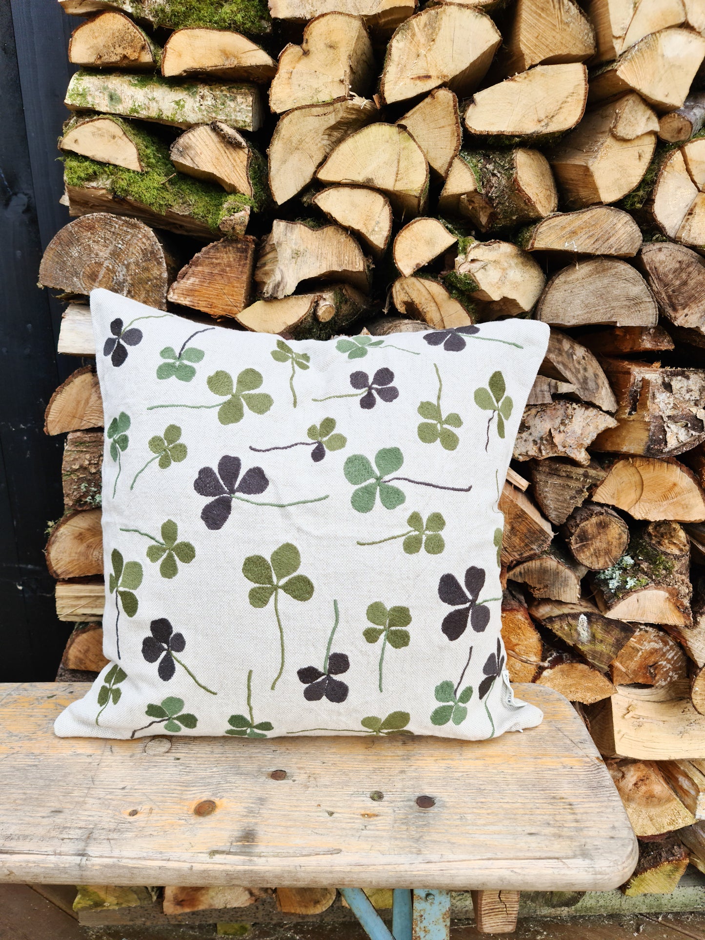 Clover Embroidered Cushion | Green