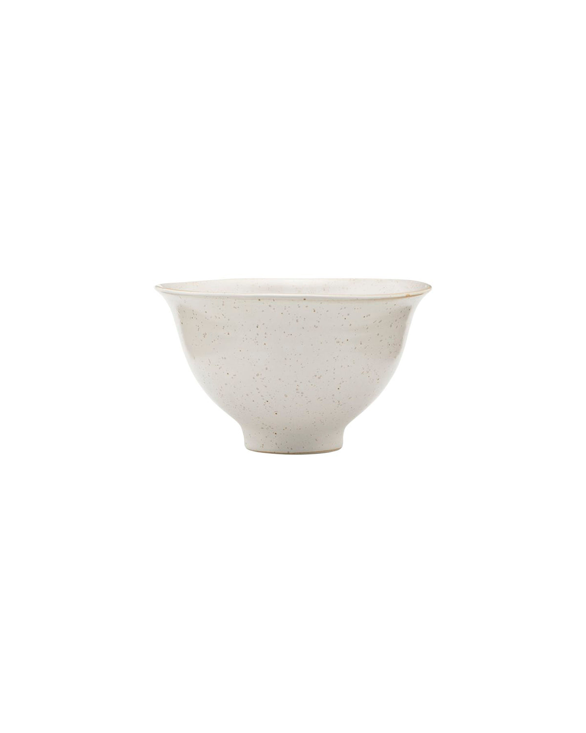 Stock image of a white speckled stoneware bowl against a white background.