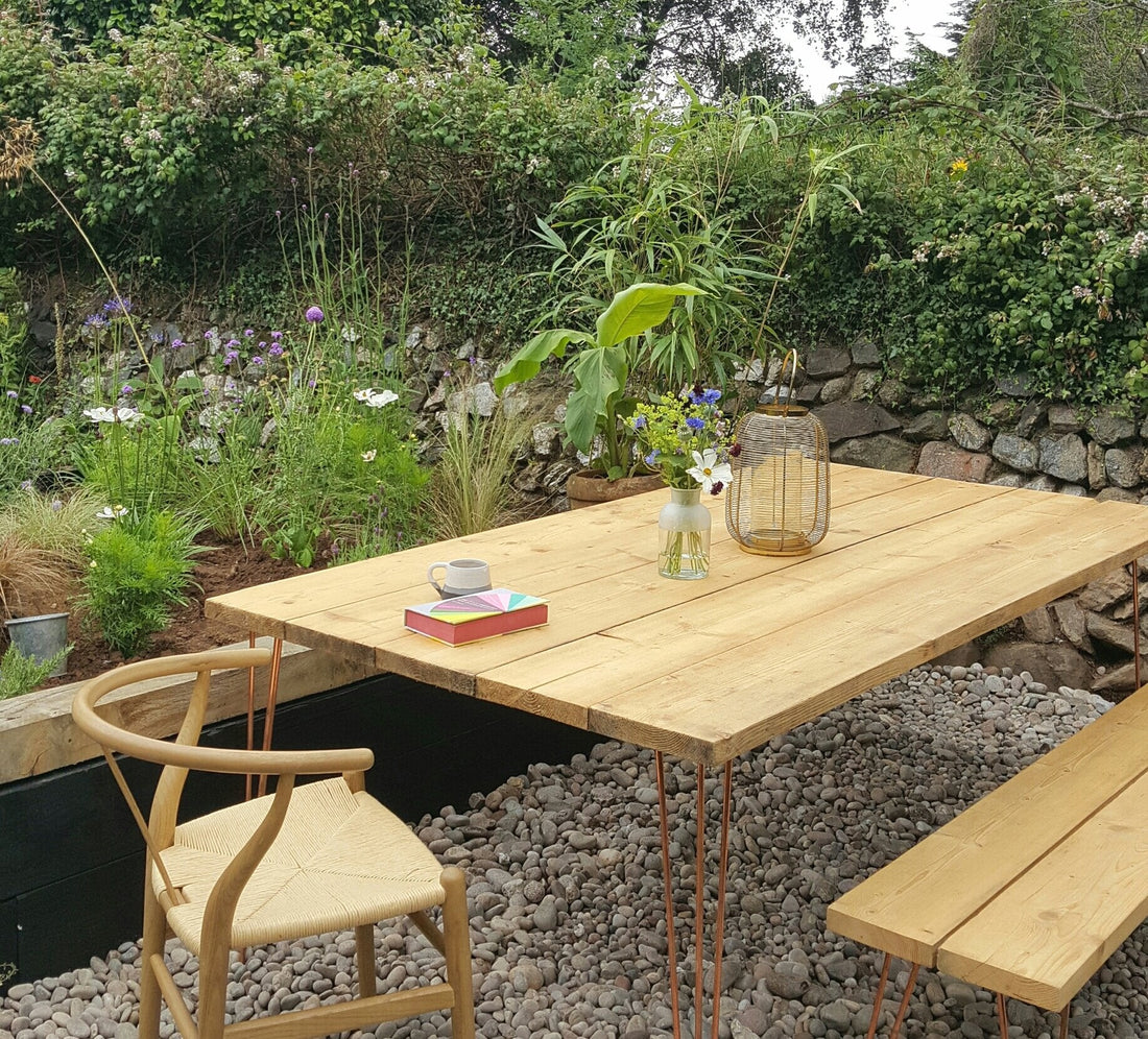 My beautiful copper hairpin garden table.