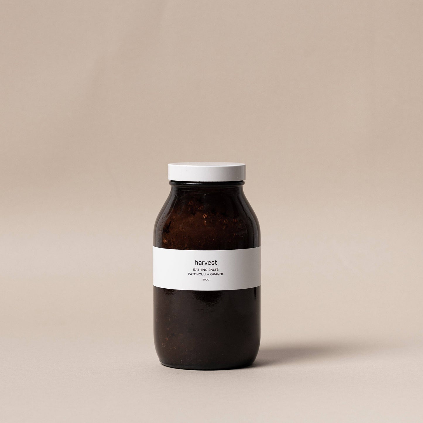 Harvest Bathing Salts patchouli and orange 500g in amber glass bottle