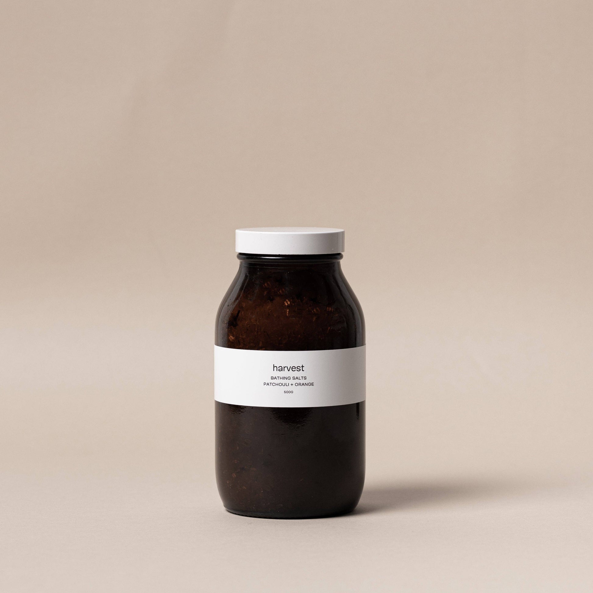 Harvest Bathing Salts patchouli and orange 500g in amber glass bottle