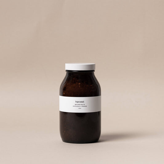 Harvest Bathing Salts patchouli and orange 500g in amber glass bottle
