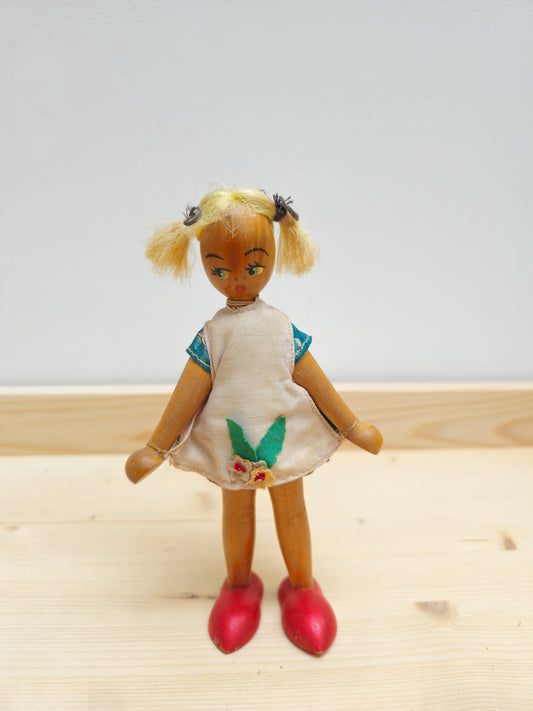 Vintage Wooden Peg Doll | Pigtail Girl