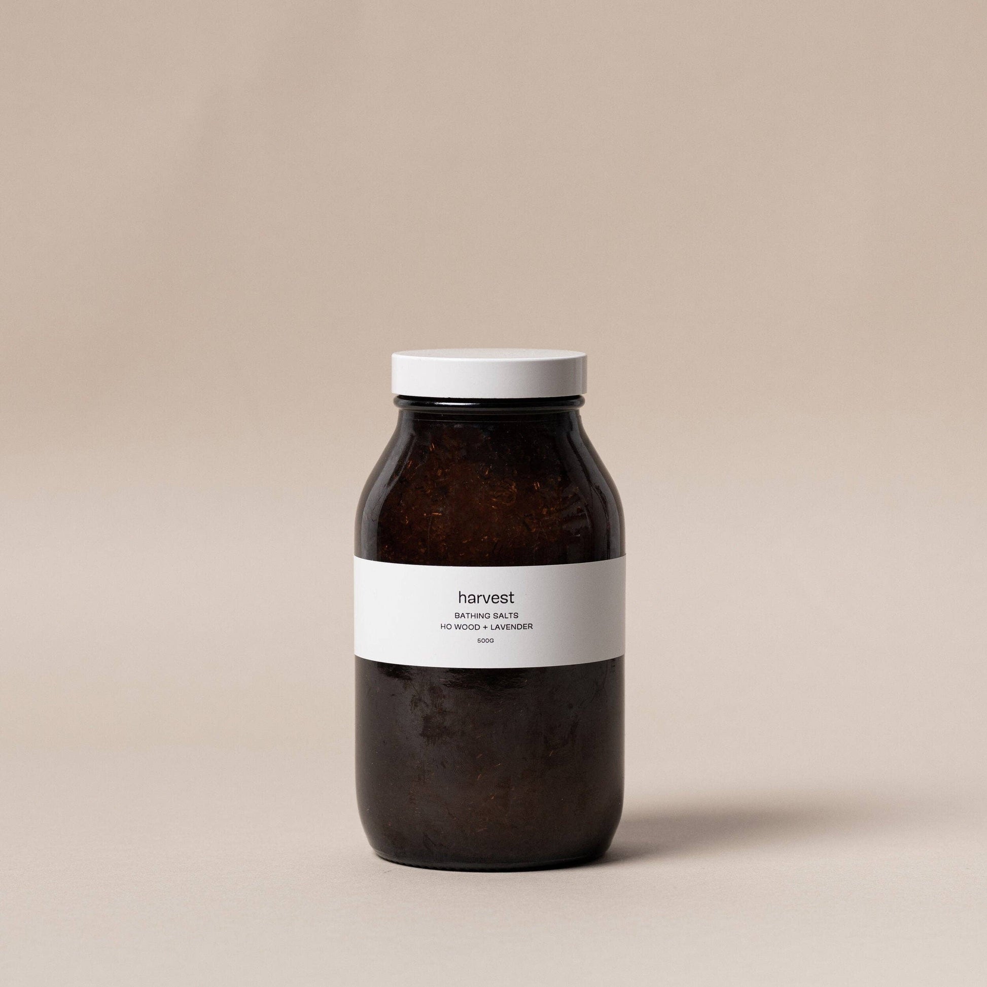 Harvest Bathing Salts ho wood and lavender 500g in amber glass bottle