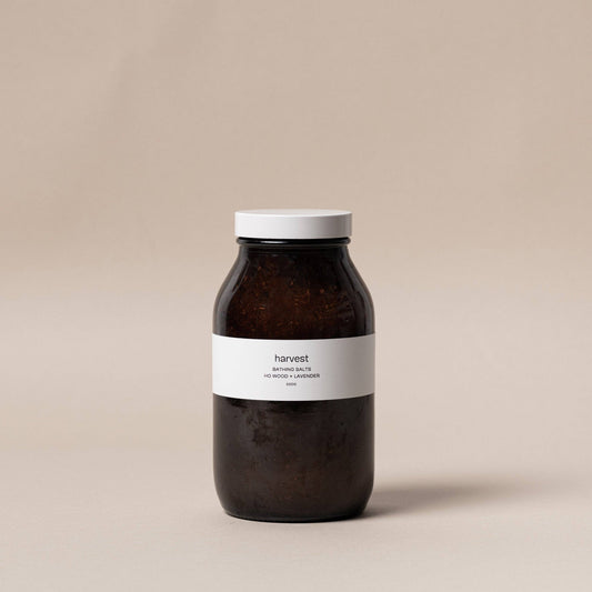 Harvest Bathing Salts ho wood and lavender 500g in amber glass bottle