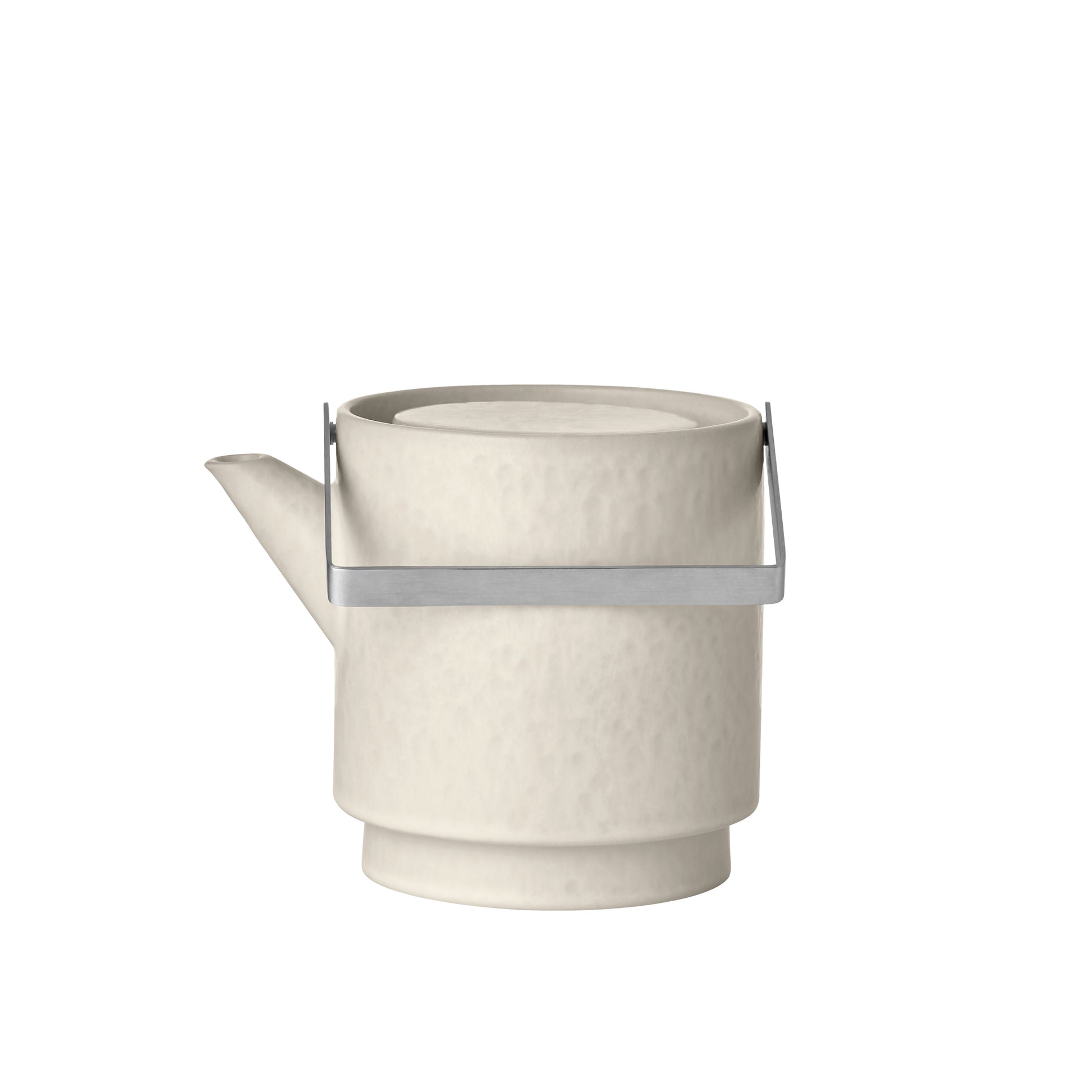White ceramic teapot with a silver handle on a white background