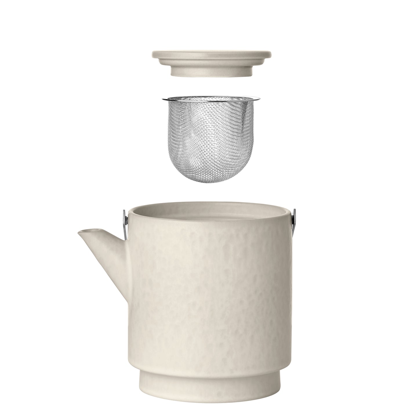 White ceramic teapot with lid and metal filter on a white background