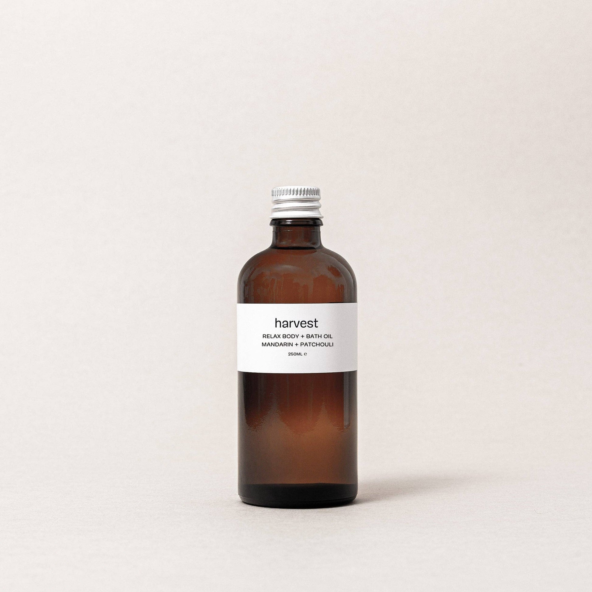 Harvest Relax Body and Bath Oil mandarin and patchouli 250ml amber bottle