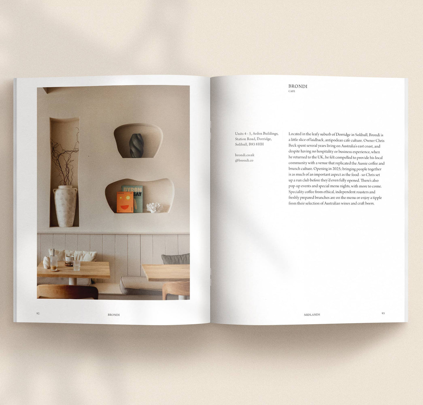 91 Magazine PLACES to eat open page spread a beige background.