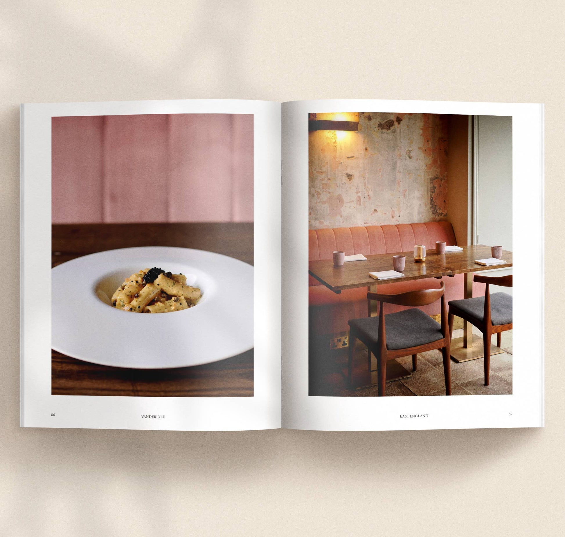 91 Magazine PLACES to eat open page spread a beige background.