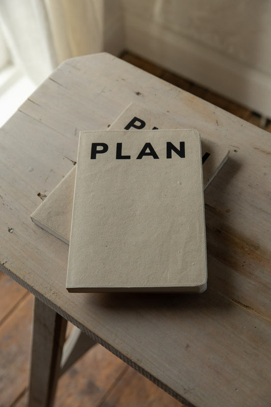 Two wooden blocks with 'PLAN' text on a rustic wooden surface