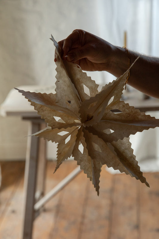 Hand holding a paper star with a blurred indoor background
