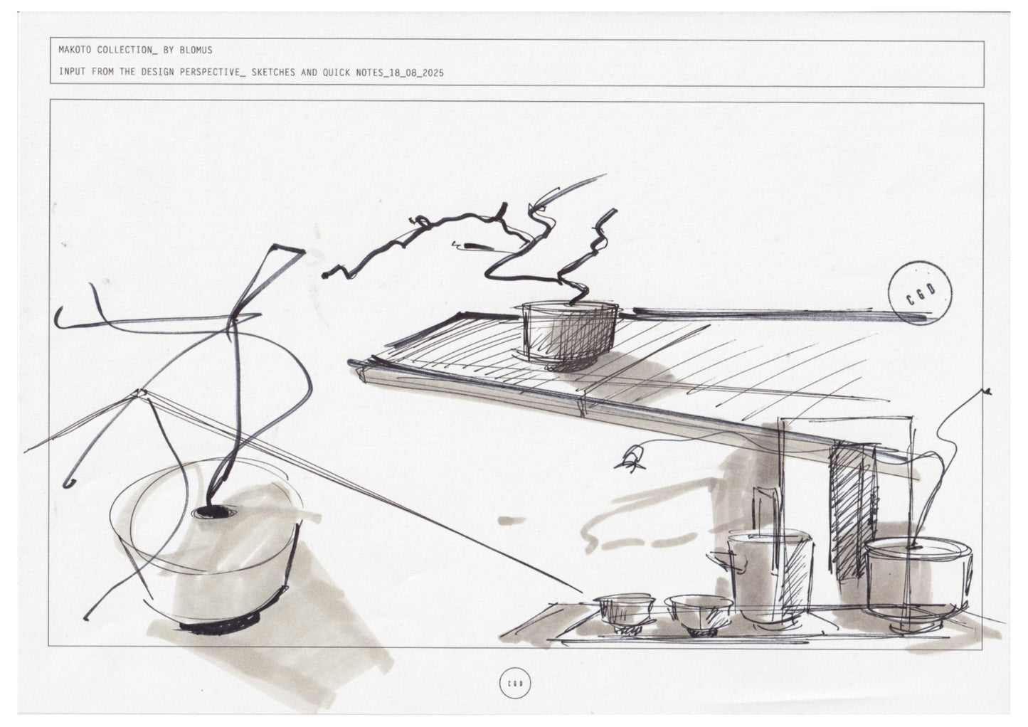 Black and white line drawing of a modern kitchen setup with shelves and appliances.