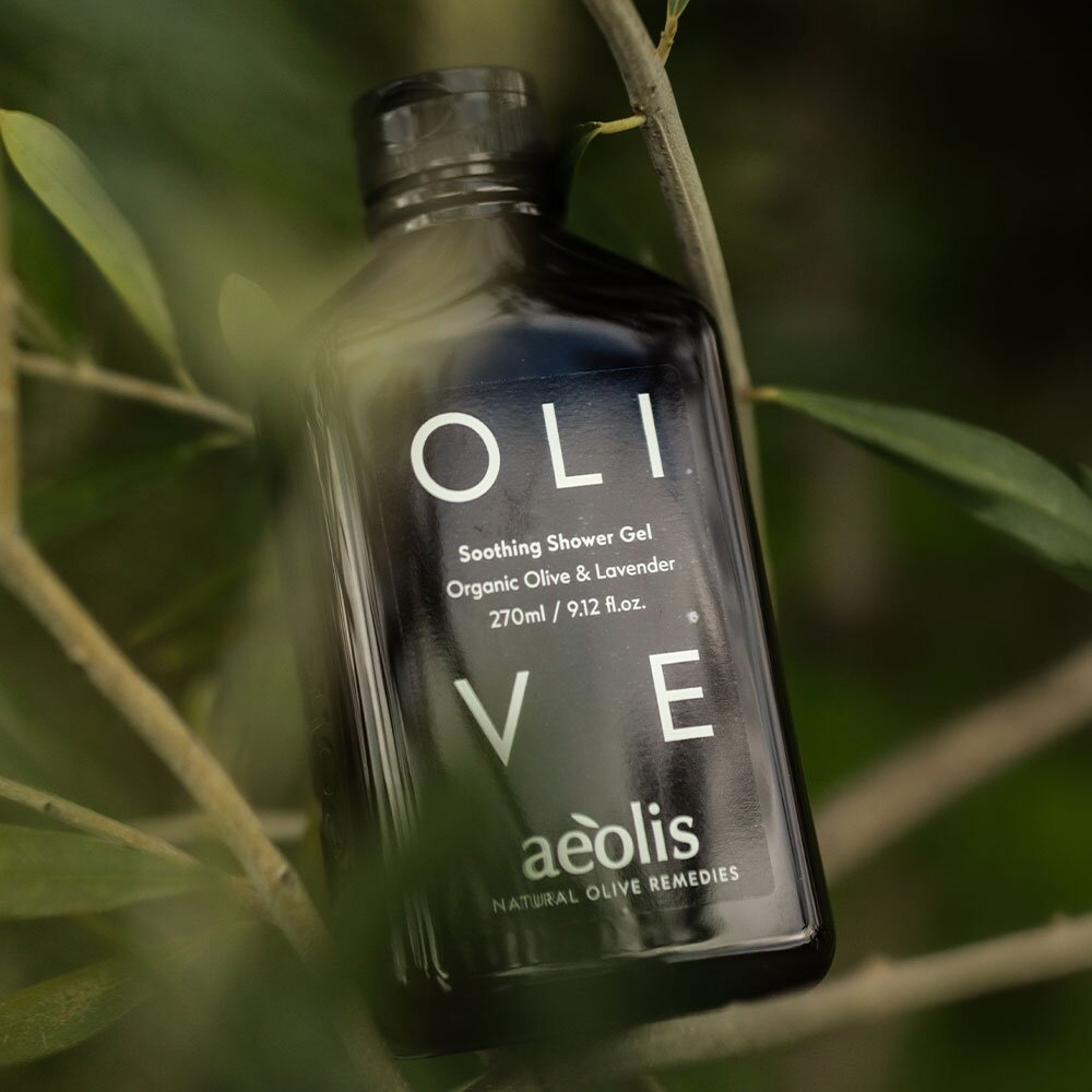 Aeolis olive and lavender shower gel among olive leaves