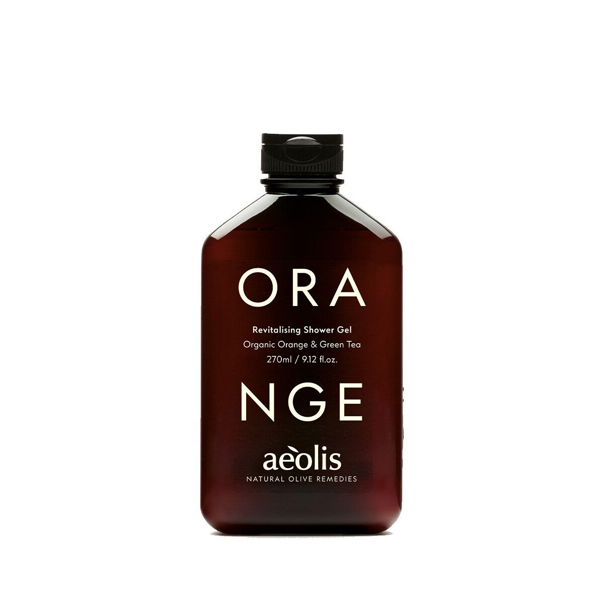 Aeolis orange and green tea shower gel in an amber 270ml bottle