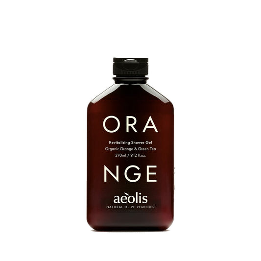 Aeolis orange and green tea shower gel in an amber 270ml bottle