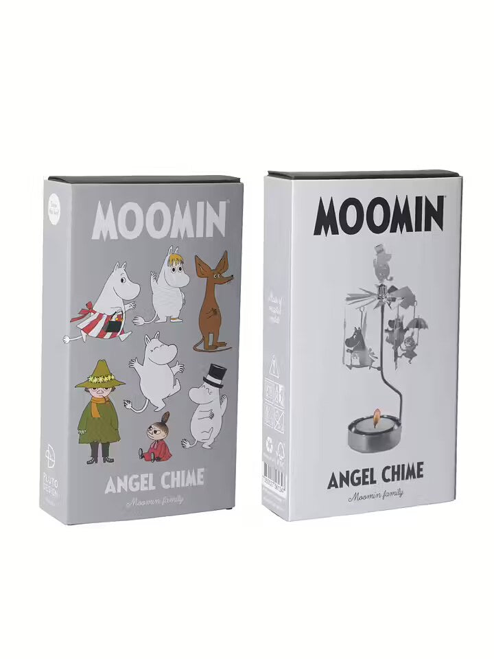Front and back of the grey Moomin Angel Chime gift box for the silver Änglaspel