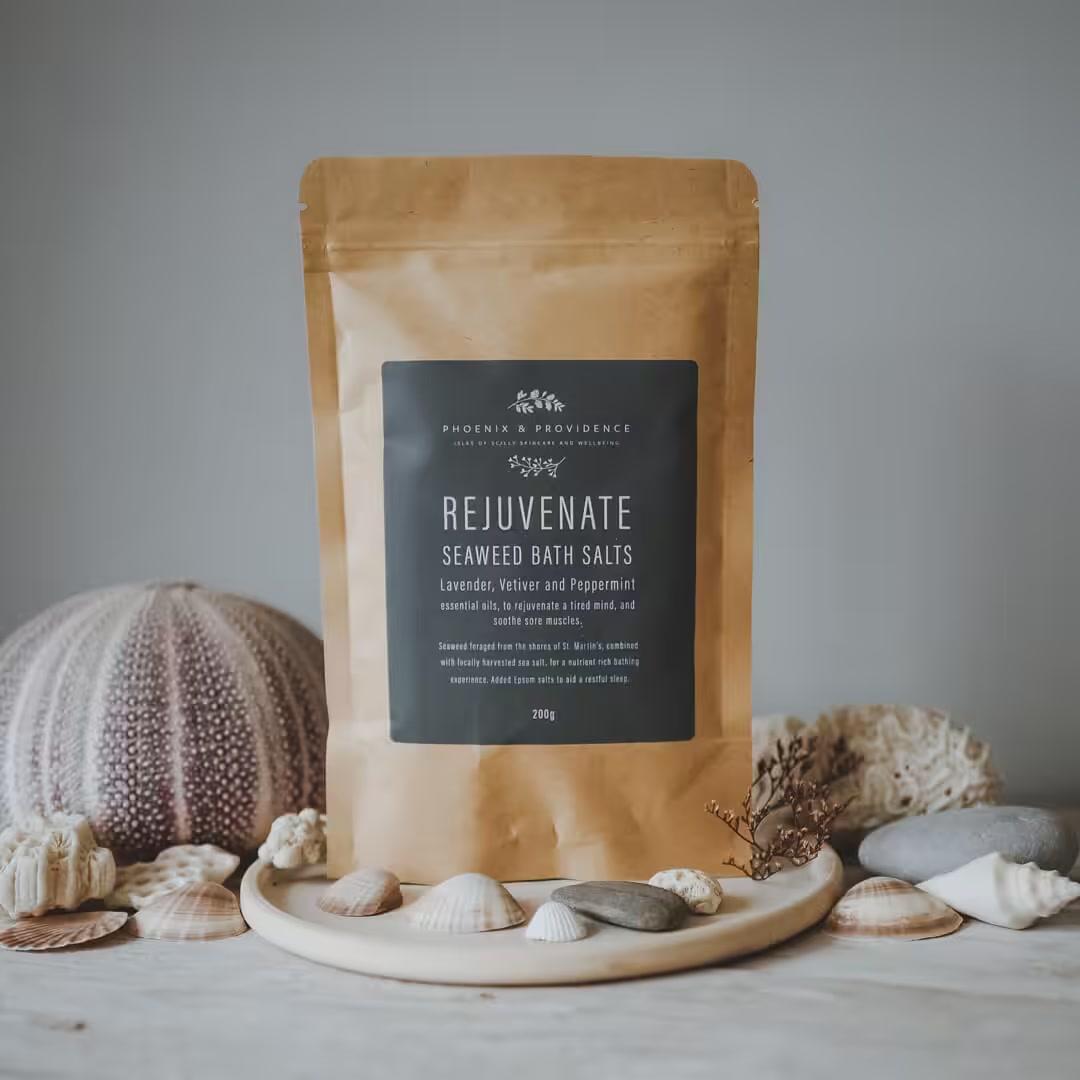 Phoenix & Providence Rejuvenate Seaweed Bath Salts in a 200g kraft pouch with shells and a sea urchin