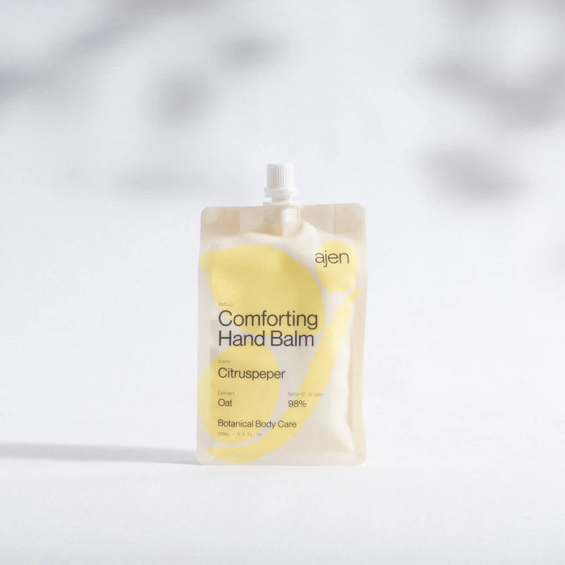 Ajen Citruspeper hand balm refill pouch against a light background.