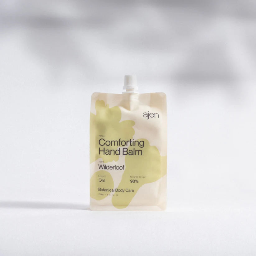Ajen Wilderloof hand balm refill pouch against a light background.