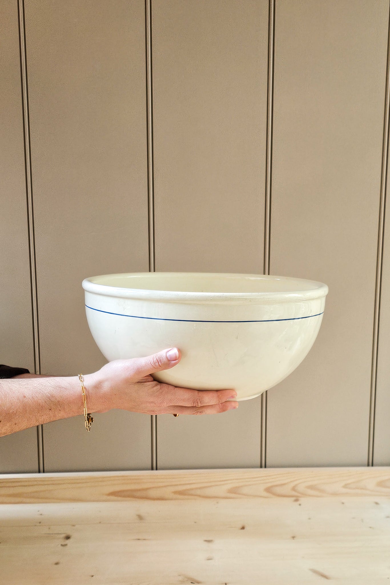Hand holding a large ceramic bowl with a blue rim against a neutral background