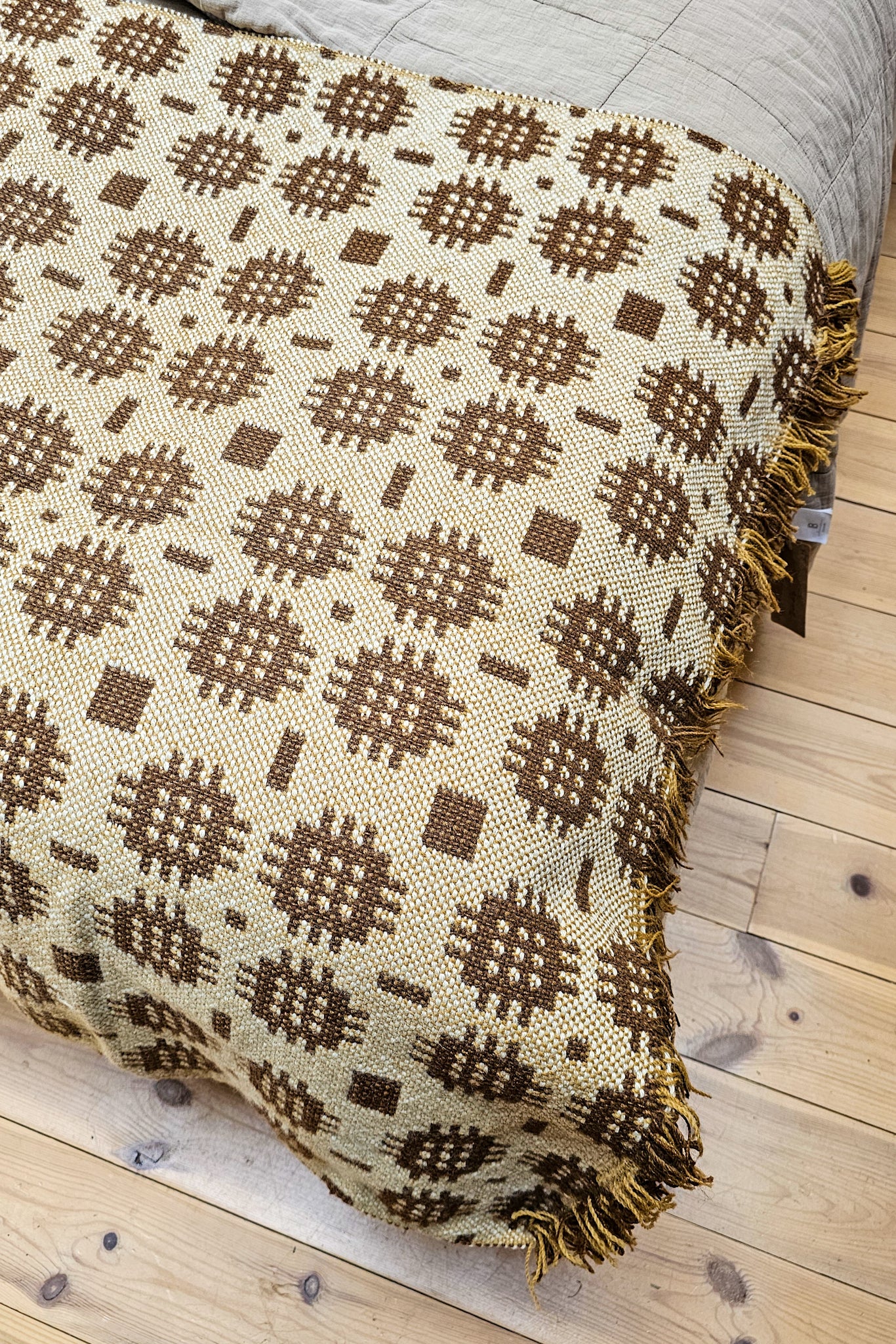 Vintage Welsh Wool Bed Runner | Brown, Cream and Mustard Sunburst