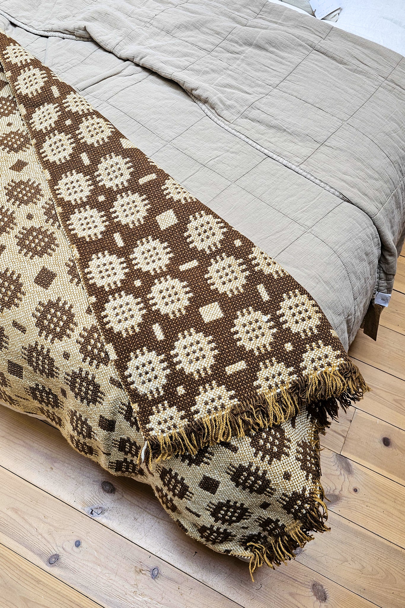 Vintage Welsh Wool Bed Runner | Brown, Cream and Mustard Sunburst