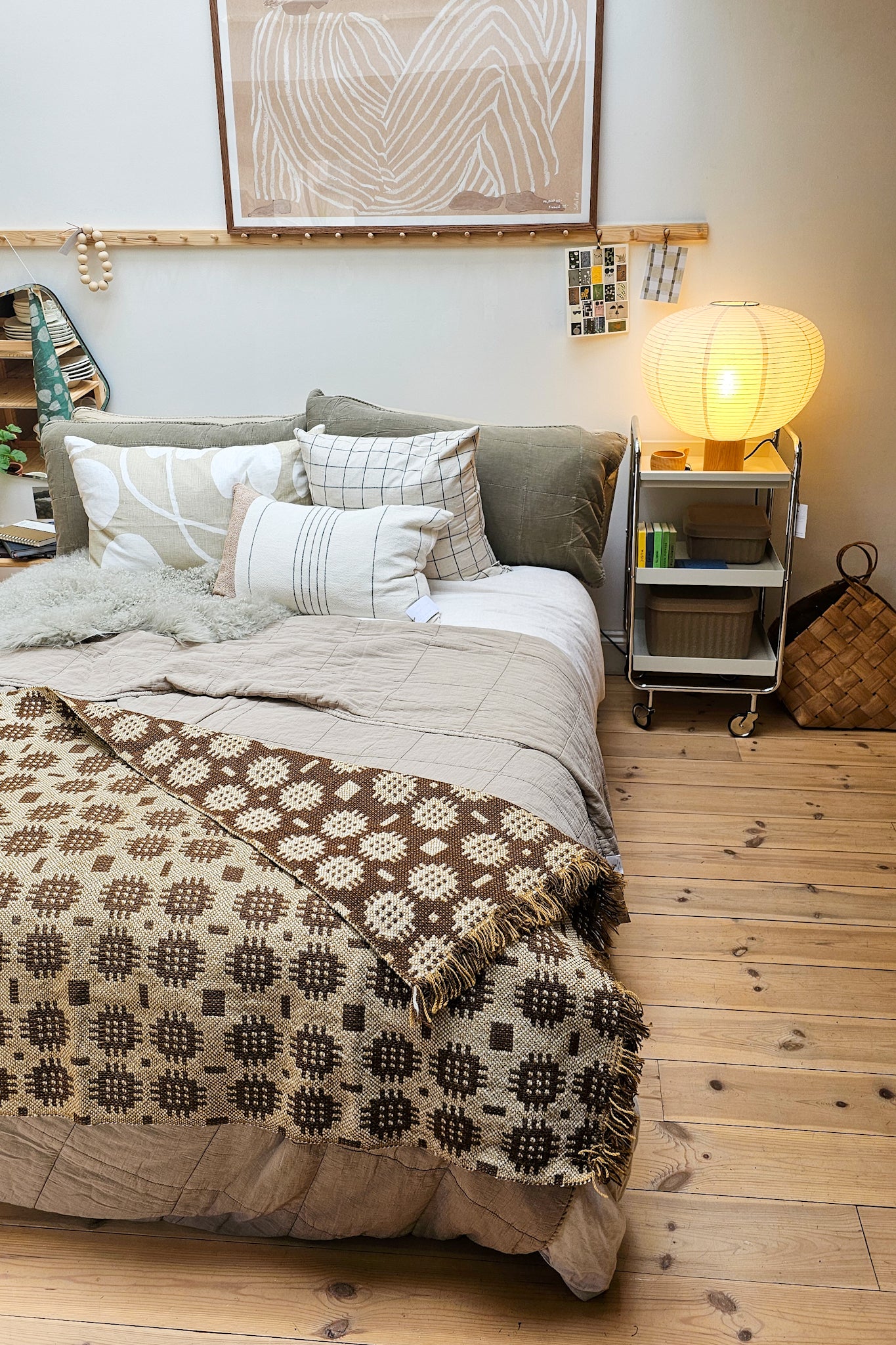 Vintage Welsh Wool Bed Runner | Brown, Cream and Mustard Sunburst
