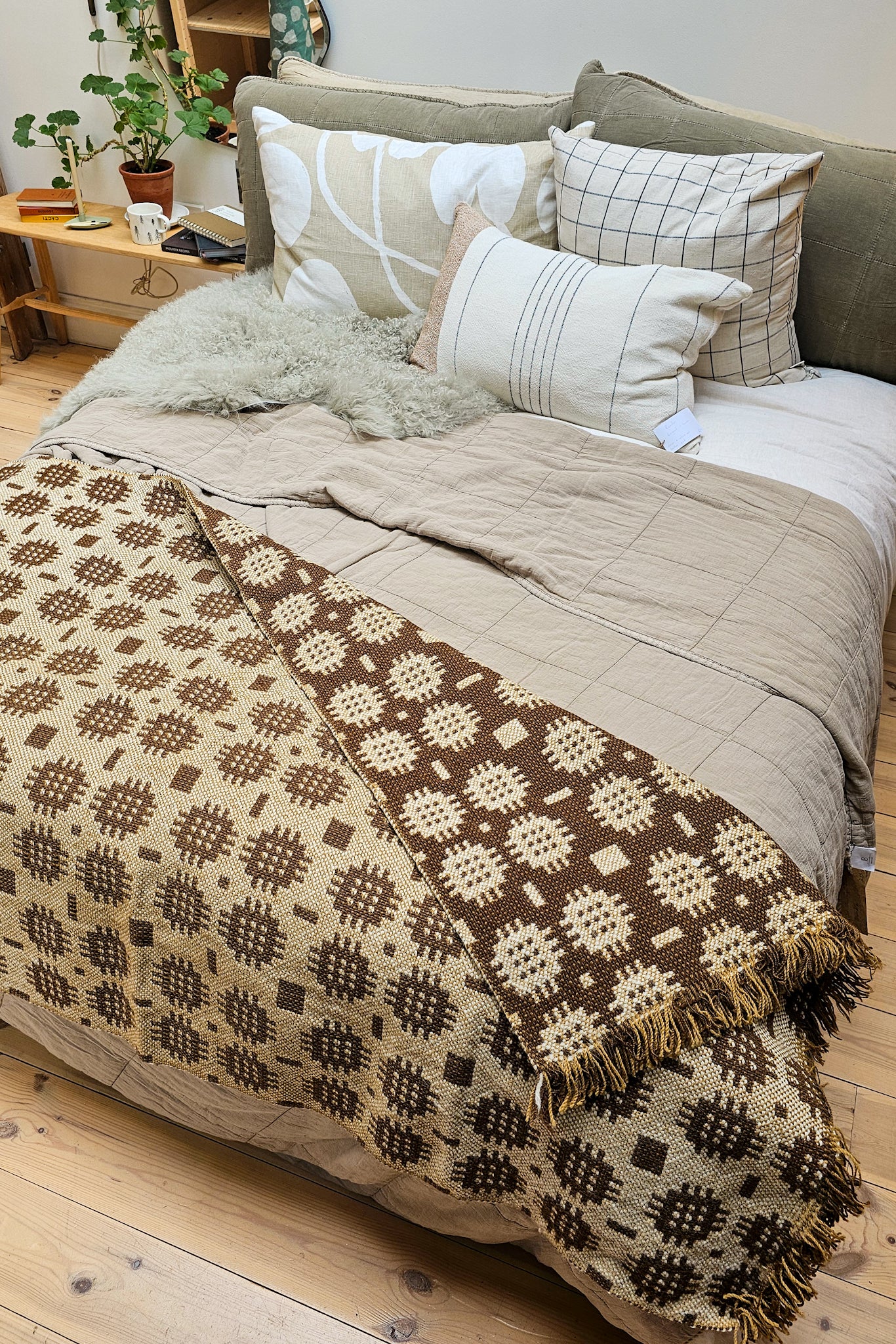 Vintage Welsh Wool Bed Runner | Brown, Cream and Mustard Sunburst