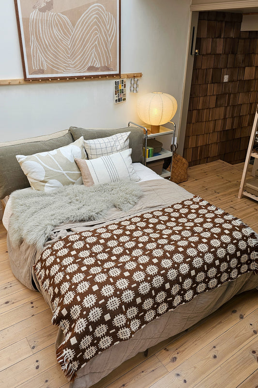 Vintage Welsh Wool Bed Runner | Conker & Cream Sunburst