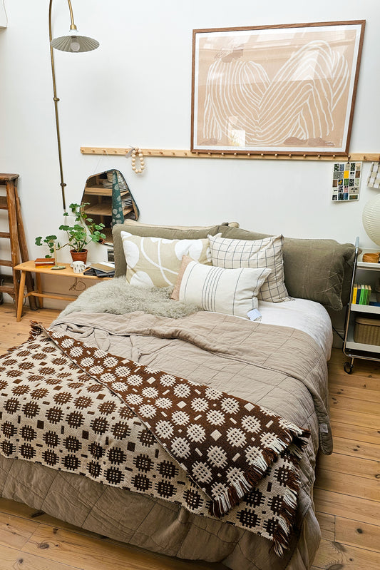 Vintage Welsh Wool Bed Runner | Brown, Cream and Mustard Sunburst