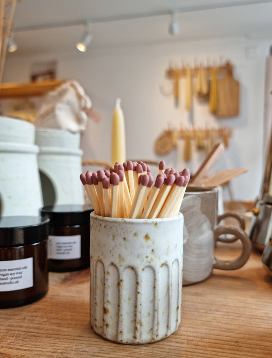 Handmade fluted stoneware match pot by Bel Holland, filled with extra long matches, styled in the Alice in Scandiland shop