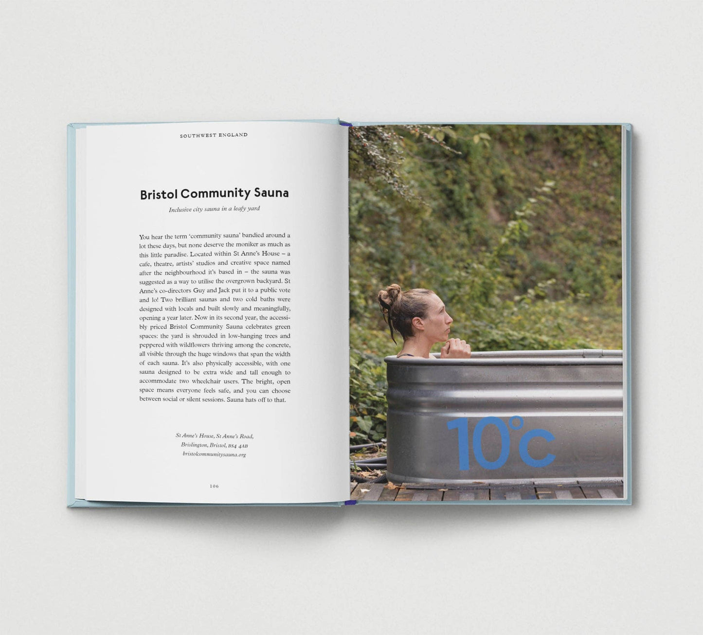 Open book showing a person in a sauna with text about Bristol Community Sauna.