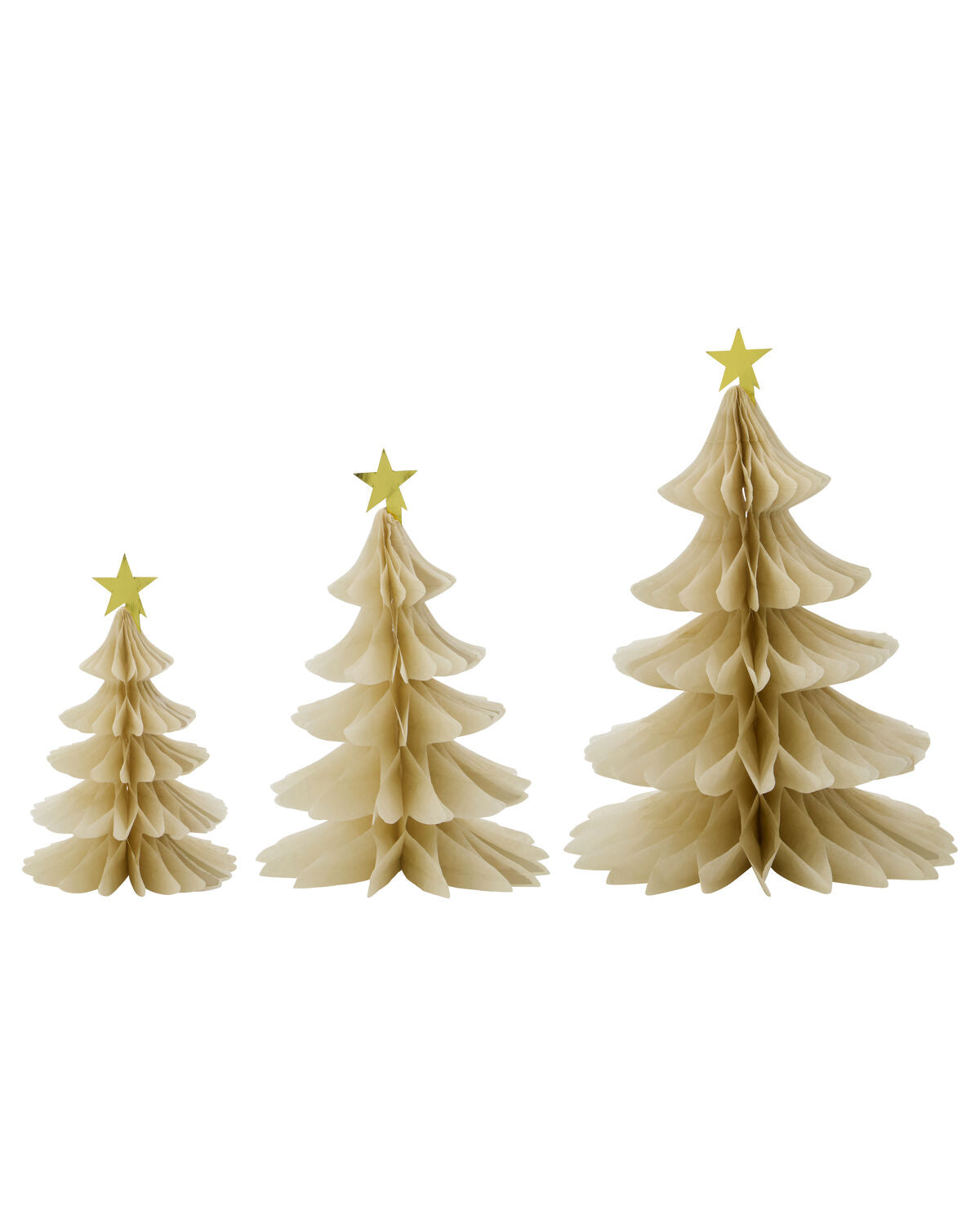 Set of paper Christmas tree table ornaments in graduated sizes