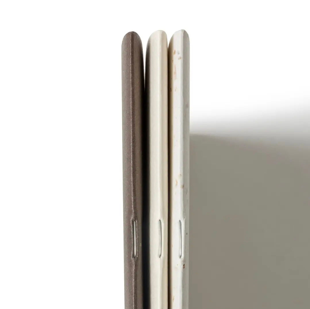 Close-up of three notebook spines on a white background.