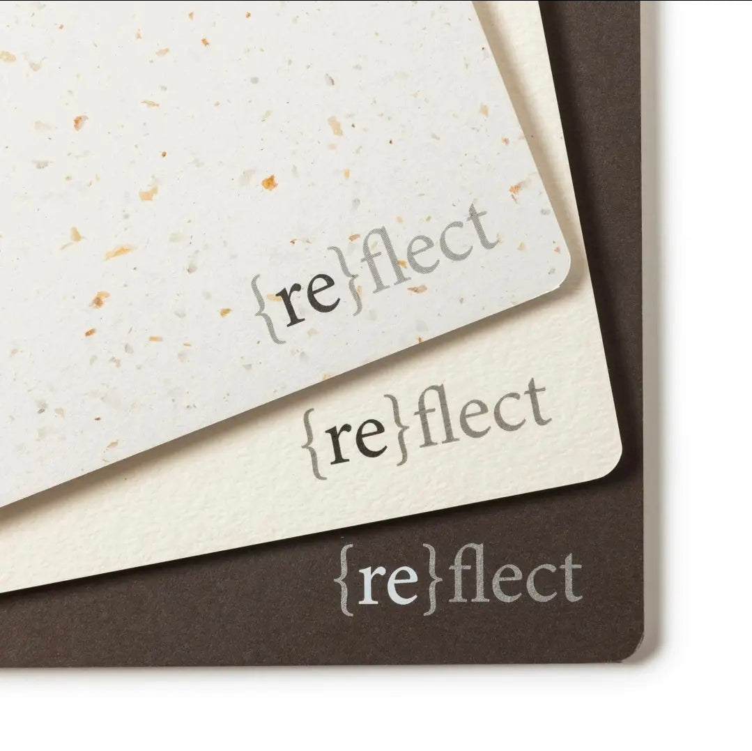 Close up of three notebooks with 'reflect' text on a dark surface.