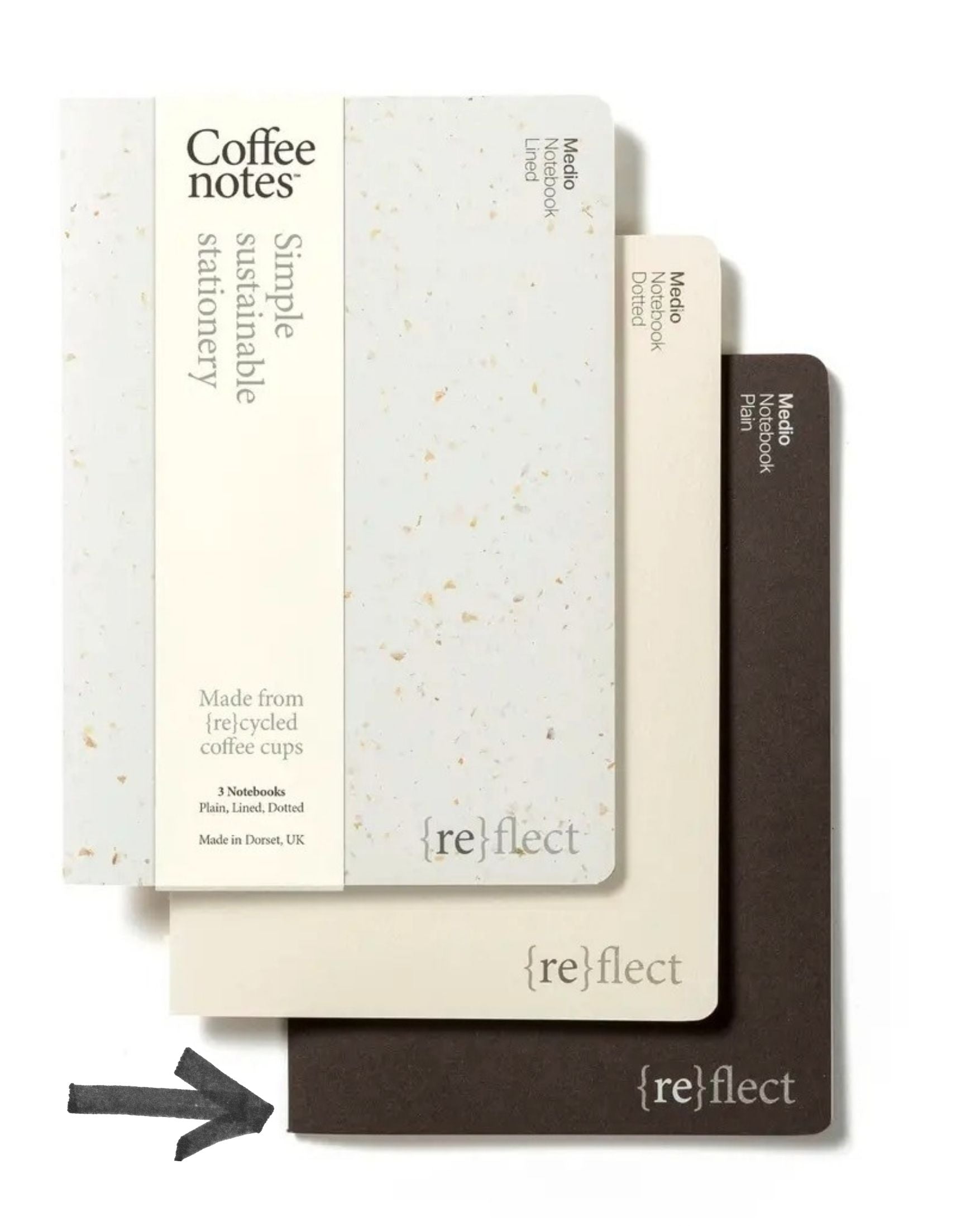 Set of notebooks with 'reflect' branding on a white background.