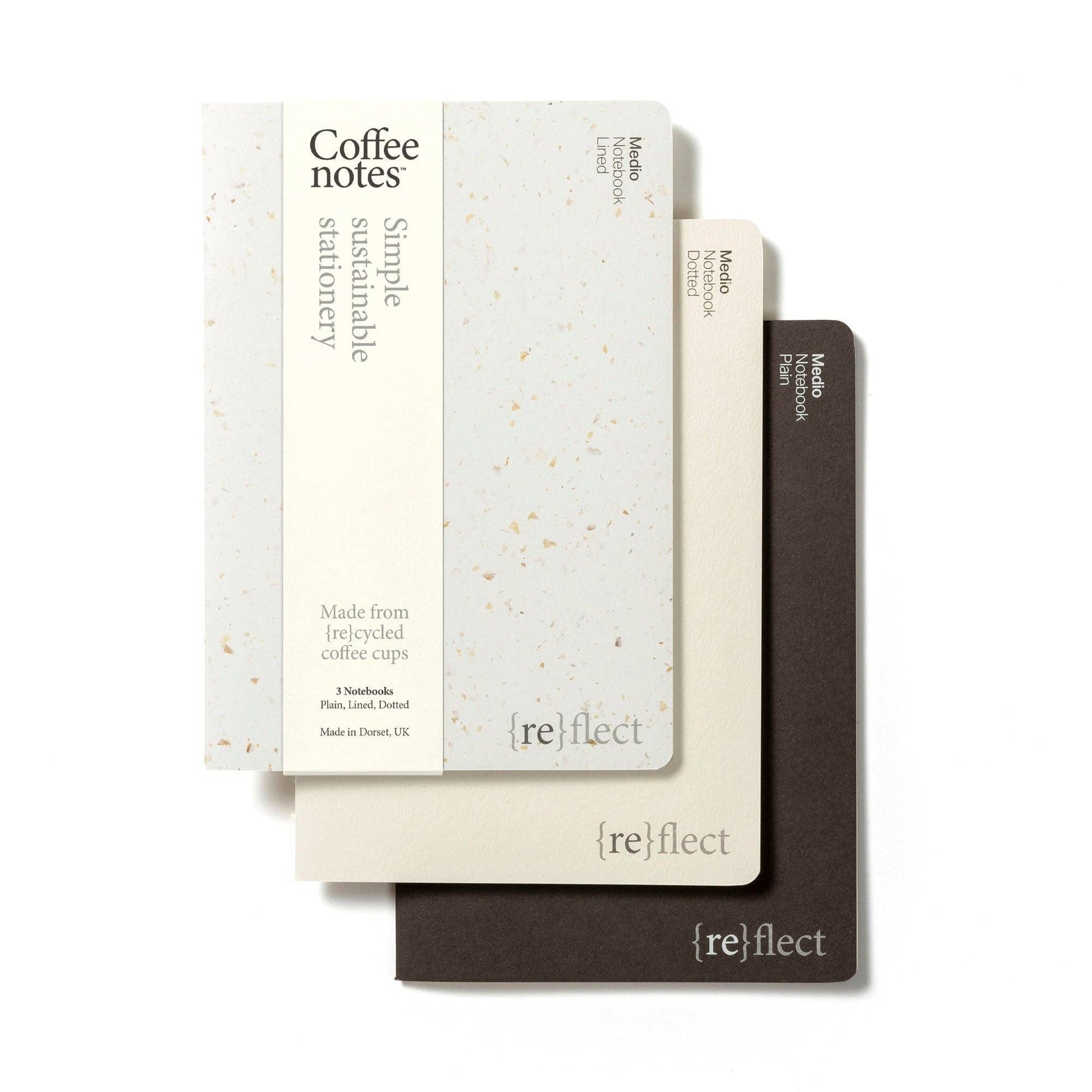 Three notebooks with saddle stitch binding, featuring the text 'Coffee notes' and branded with 'refill'. The notebooks are in beige, brown, and white with a speckled pattern.