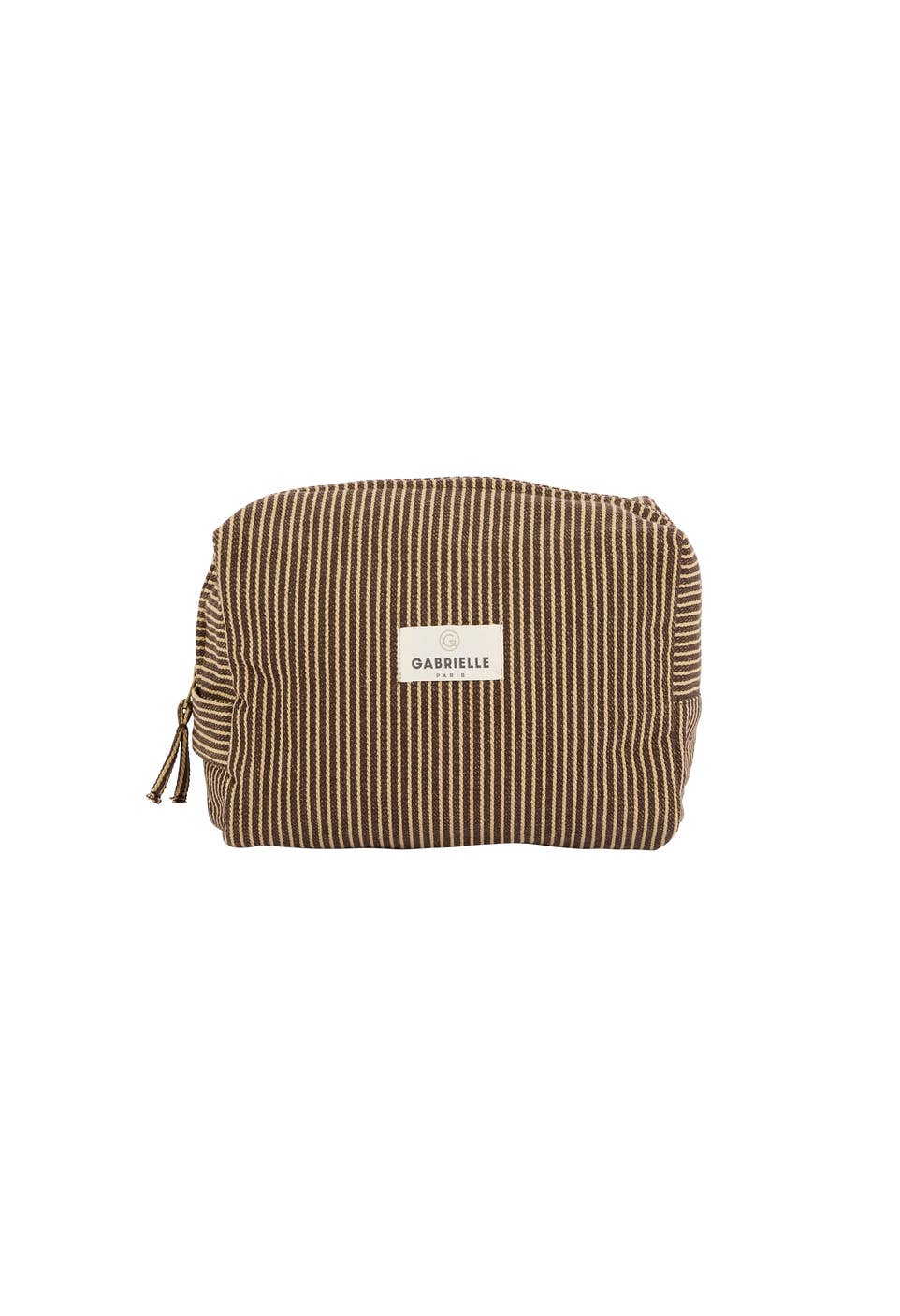 Brown striped pouch with a Gabrielle Paris label on a white background.